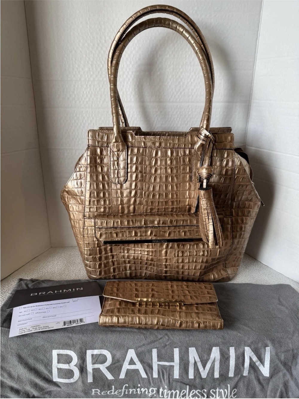 Brahmin Rose Gold Strada Croc-Embossed Metallic Bronze Tote with Wallet